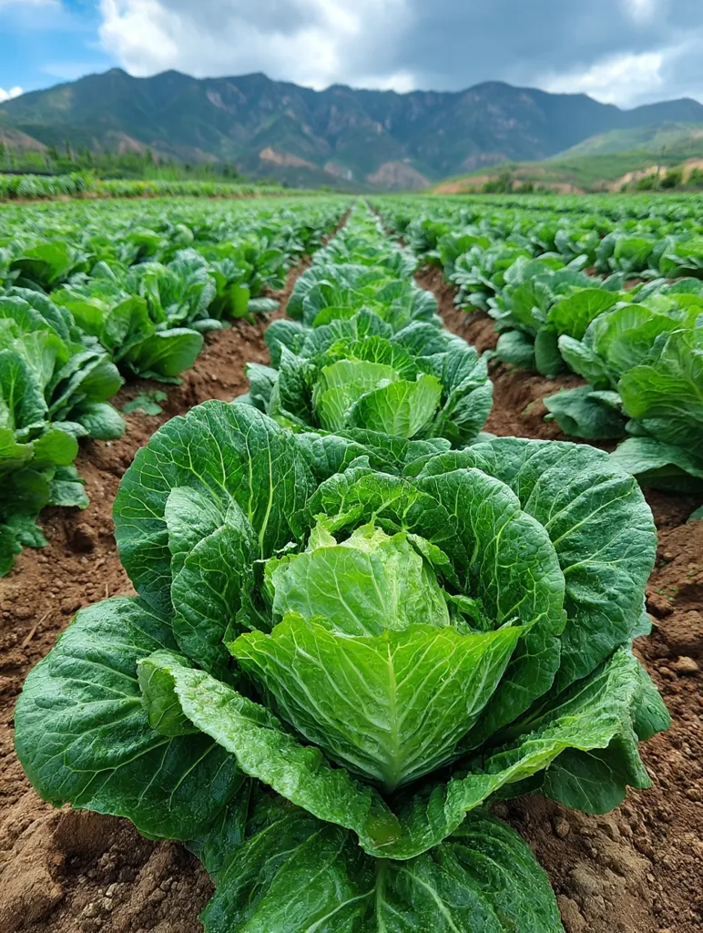 Rows of vibrant green cabbages stretch towards a mountain range under a partly cloudy sky.  The cabbages are healthy and lush, showing signs of recent moisture. The fertile soil contrasts with the distant, hazy mountains, creating a picturesque agricultural scene.  The image suggests a large-scale cabbage farm, possibly located in a rural area.