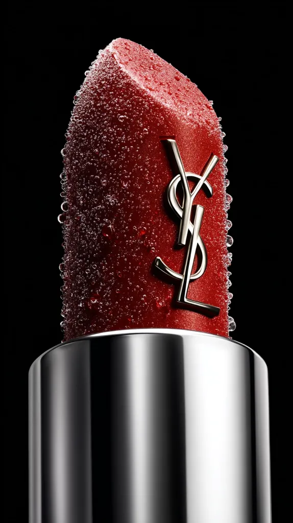A close-up shot showcases a Yves Saint Laurent lipstick. The deep red lipstick is adorned with tiny water droplets, giving it a fresh, dewy appearance. The iconic YSL logo is prominently displayed on the lipstick's surface, adding a touch of luxury. The metallic silver casing complements the rich red hue, creating a visually striking image.  The dark background enhances the lipstick's vibrant color and luxurious details.