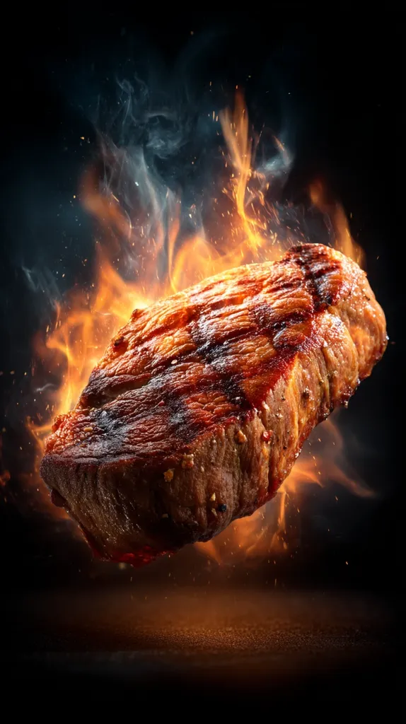 A perfectly seared steak, glistening with juices, levitates amidst a fiery spectacle.  Grilled to perfection, its charred surface hints at a delicious smoky flavor.  Embers and flames dance around the succulent meat, creating a dramatic and appetizing visual. The dark background accentuates the vibrant colors of the steak and the fiery ambiance.