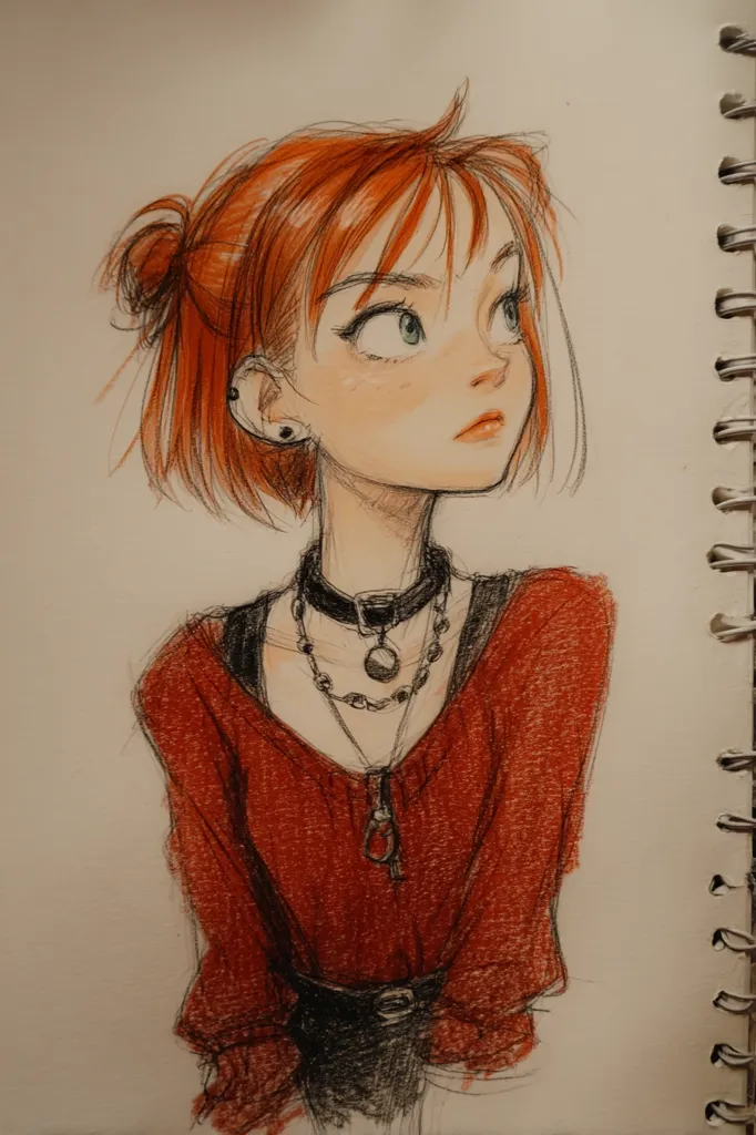 A stylized drawing of a young woman with short, reddish-orange hair pulled back in a half-updo.  She's wearing a reddish-brown sweater and multiple necklaces, including a choker. Her expression is pensive, and her gaze is directed upward and to her right. The style is reminiscent of comic book art or graphic novel illustrations, with expressive features and textural shading.