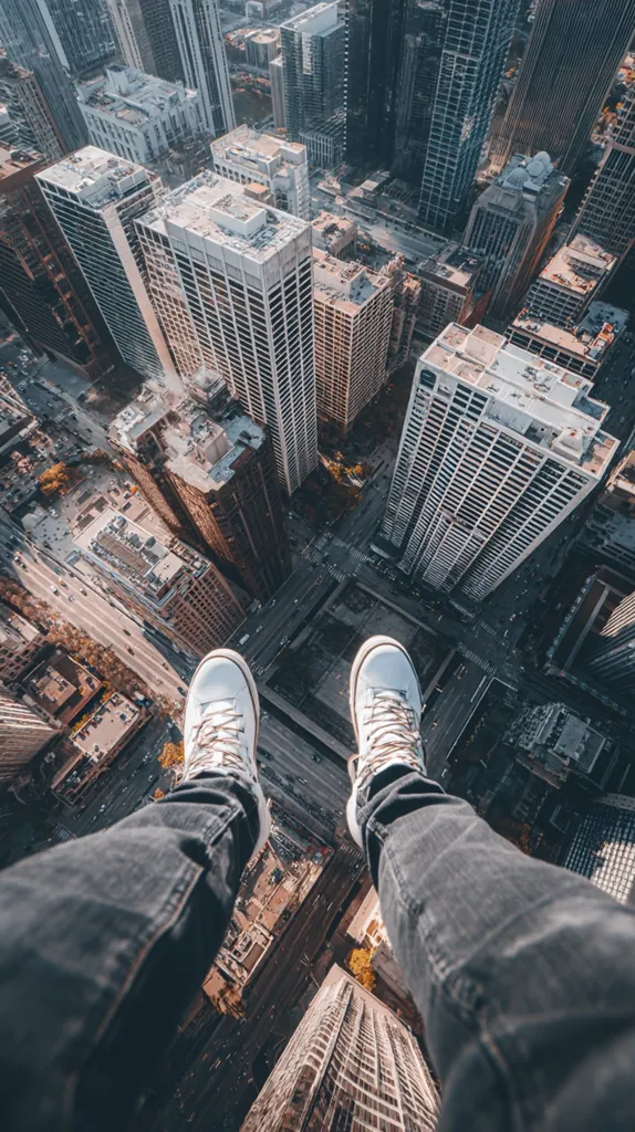 A person's legs dangle from a skyscraper, white sneakers pointing downwards.  The perspective is from above, showcasing a sprawling cityscape of towering buildings, streets, and vehicles far below.  The image evokes a sense of height, danger, and urban vastness.  The city stretches to the horizon, a dense collection of concrete and glass.