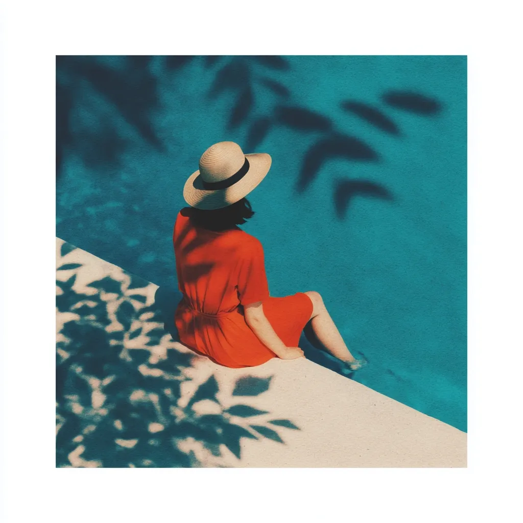 A woman in a vibrant red dress and straw hat sits at the edge of a turquoise swimming pool.  Her feet dangle in the water.  The scene is bathed in sunlight, casting dappled leaf shadows on the poolside and the woman. The overall aesthetic is calm and summery, evoking a sense of tranquility and relaxation.
