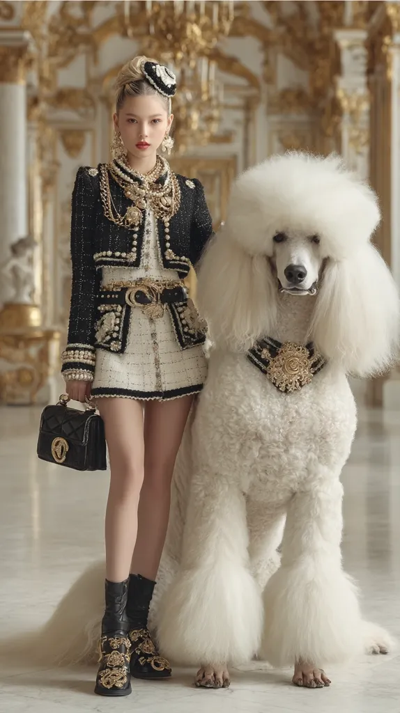 A young woman in a black and white tweed jacket and skirt, adorned with pearl and gold embellishments, poses with a large white standard poodle.  She wears gold jewelry, a black handbag, and ornate black boots. The setting is a grand, opulent interior, suggesting a palace or stately home.  The overall aesthetic is luxurious and elegant.