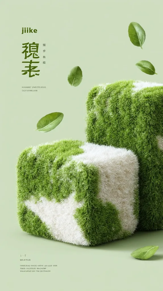 Two grassy cubes, featuring white, map-like patterns, rest on a pale green background.  Floating green leaves add a natural touch.  The word "jiike" and Chinese characters are prominently displayed, along with smaller, seemingly descriptive text in a different language.  The overall aesthetic is minimalist and evokes a sense of nature and freshness.