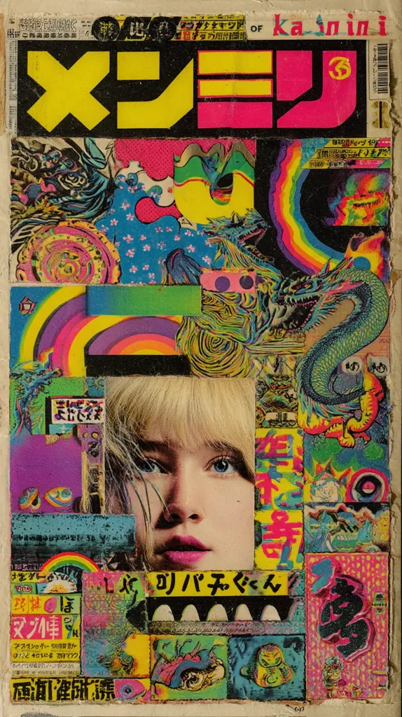 A vibrant collage in psychedelic style, features a central image of a blonde woman's face.  Surrounding her are fragments of Japanese text, manga-style illustrations, dragons, rainbows, and other vivid imagery.  The overall aesthetic is chaotic yet cohesive, reminiscent of 1960s and 70s counterculture art.  The collage incorporates elements of Asian culture and pop art, creating a striking and visually arresting piece.