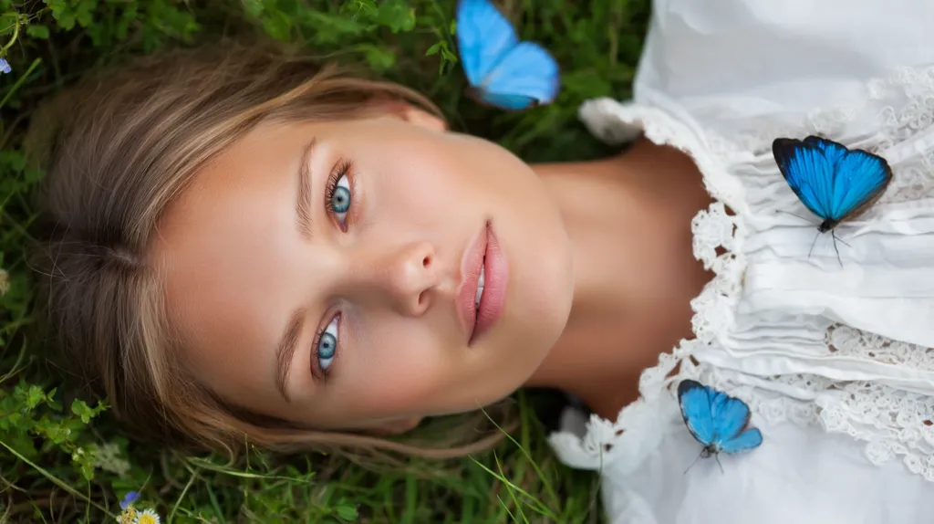 A young woman with long blonde hair lies on her back in a grassy field.  She wears a white, lacy dress.  Several bright blue butterflies rest on her and the grass around her.  Her eyes are closed, and her expression is serene and peaceful.  The overall image evokes a sense of tranquility and natural beauty.