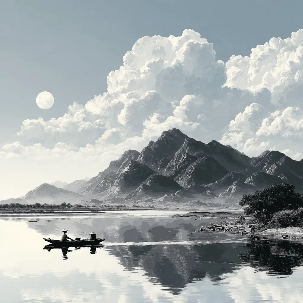 A serene grayscale landscape depicts a lone person in a small boat on a calm lake.  Majestic mountains rise in the background, partially veiled in a soft mist.  A large, fluffy cloud formation dominates the sky, contrasting with the peaceful scene below. A full moon adds a touch of ethereal beauty. The overall mood is one of tranquility and solitude.