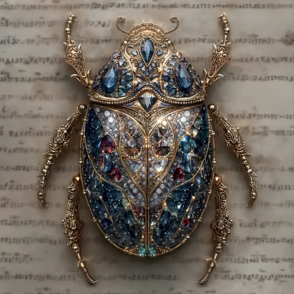 A meticulously detailed digital artwork depicts a jeweled beetle.  Its body is a mosaic of shimmering blue, red, and white gemstones, set within ornate gold filigree. The legs are intricately carved gold, ending in sharp points. The beetle rests on a background resembling aged musical sheet music, adding a touch of antique elegance to the image.  The overall effect is one of opulence and fantastical craftsmanship.