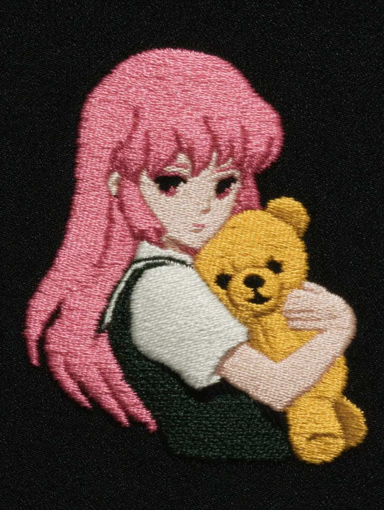 A meticulously embroidered patch depicts an anime-style girl with long pink hair. She's dressed in a dark green and white sailor-style uniform and tenderly embraces a golden teddy bear. The detailed stitching showcases the girl's soft features and the bear's plush texture, creating a heartwarming scene against a black fabric background. The piece is a testament to the artistry of embroidery.
