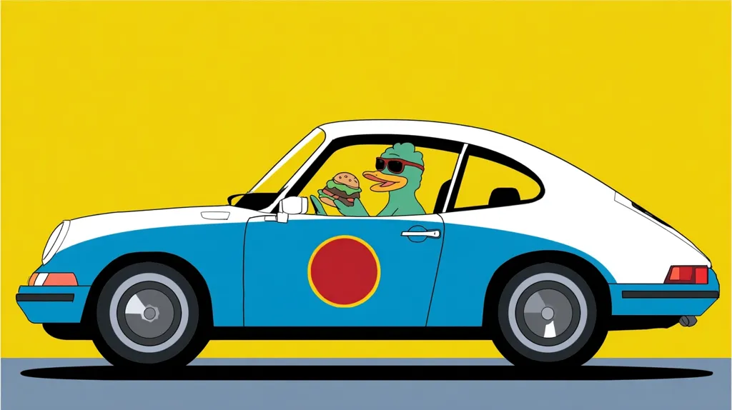 A cool duck wearing sunglasses drives a classic blue and white Porsche 911.  The car features a large red circle on its side. The duck is holding a burger, enjoying a road trip. The illustration is bold and graphic, using simple shapes and a vibrant color palette against a yellow background.