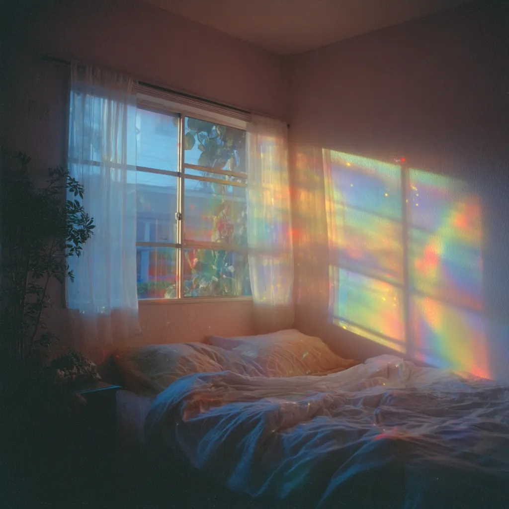 A bedroom bathed in the warm glow of a sunset.  Sheer curtains frame a window, allowing soft light to illuminate the room.  A bed with rumpled bedding is softly lit by a rainbow-hued projection cast onto the wall, creating a dreamy and peaceful atmosphere.  The overall feeling is one of calm and tranquility.