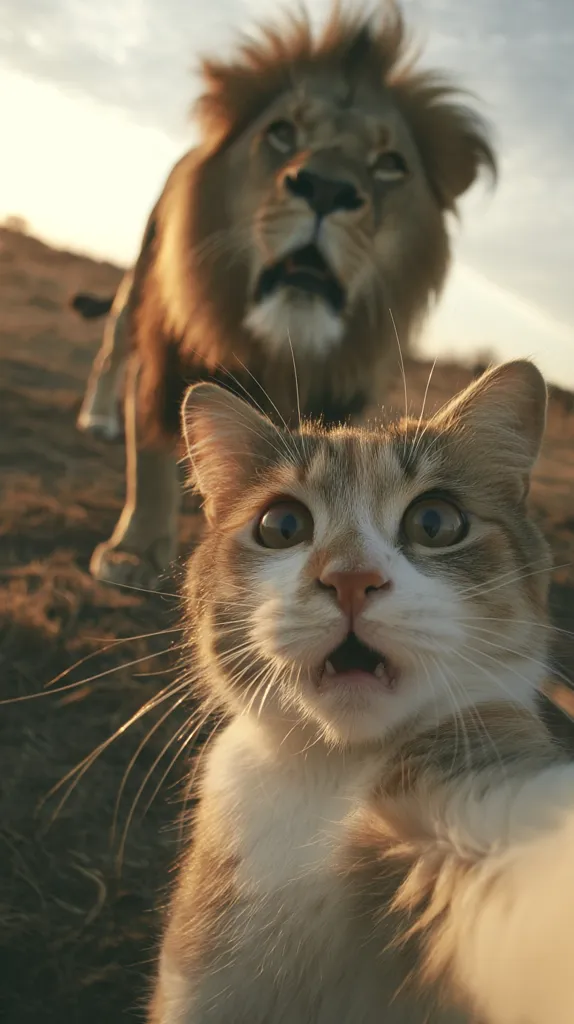 A curious cat takes a selfie with a majestic lion in the background. The cat's expression is one of surprise or perhaps slight fear, its mouth slightly open.  The lion, partially obscured, appears calm, its golden mane backlit by the setting sun. The scene is outdoors, possibly in a savannah-like environment, with a dark brown ground visible. The warm lighting enhances the overall mood of the image.