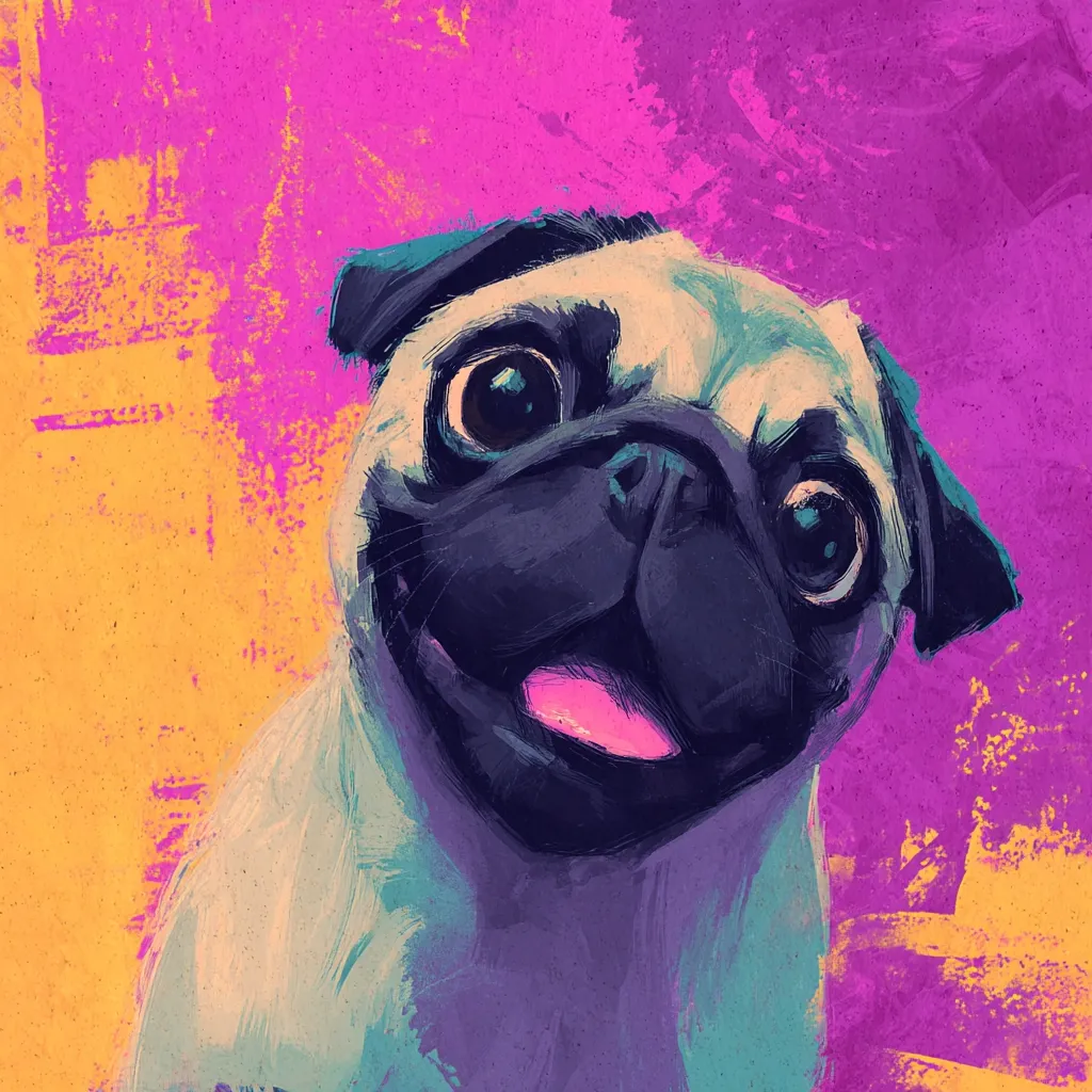 A vibrant, stylized painting depicts a pug's head and shoulders against a bold background of purple and yellow.  The pug's expression is cheerful, its large eyes wide and expressive.  The artist uses thick, impasto brushstrokes, creating a textured and dynamic effect. The colors are bold and saturated, enhancing the overall playful and energetic feel of the artwork.