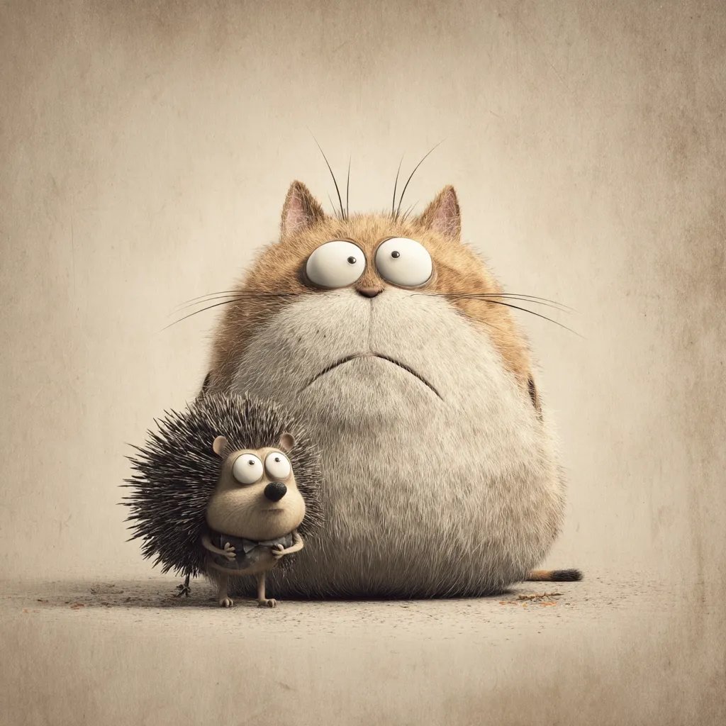 A large, round, ginger cat with wide eyes stands beside a small hedgehog. The cat has a slightly worried expression, while the hedgehog appears calm and composed.  Both are rendered in a 3D style with a soft, textured appearance, against a neutral beige background.  The image evokes a sense of gentle humor and contrasts in size and personality.