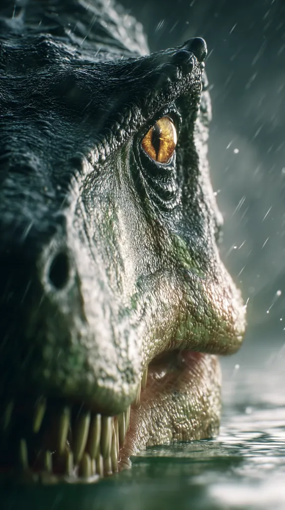 A close-up reveals a dinosaur's head partially submerged in dark, still water. Rain falls gently around it. The dinosaur's eye, a striking amber color, is intensely focused. Its textured skin and sharp teeth are clearly visible, enhancing the image's realism and creating a sense of suspense. The overall mood is dark and mysterious, hinting at a powerful, predatory creature lurking beneath the surface.