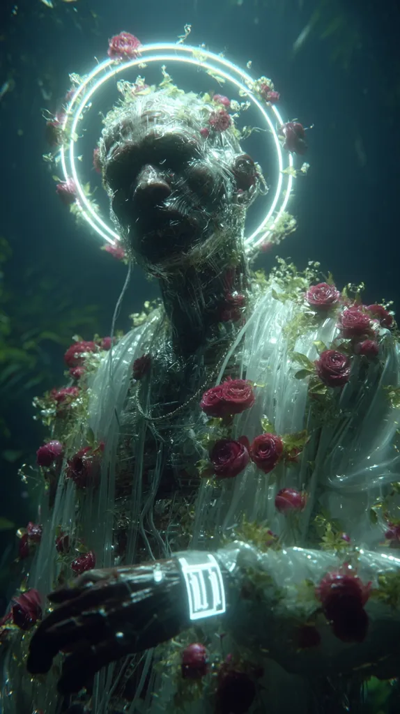 A surreal digital artwork depicts a figure adorned in a translucent, flowing garment interwoven with dark red roses.  The figure's head is encircled by a glowing halo, and its skin appears textured and partially obscured.  The overall aesthetic blends organic and artificial elements, creating a haunting, otherworldly scene. The figure's hand features a futuristic-looking bracelet.  The background is a dark, aquatic-like environment.
