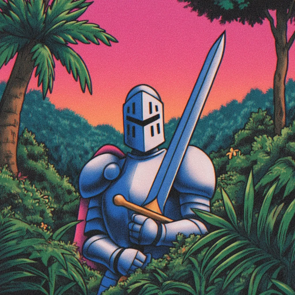 A knight in shining armor, clad in a silver suit of plate mail and a helmet bearing a cross, stands amidst lush tropical foliage.  He holds a large sword, its hilt clutched in his gloved hands. The vibrant background features a sunset sky of pink and orange hues, contrasting with the verdant jungle environment. The image blends medieval fantasy with a tropical setting in a striking visual style.