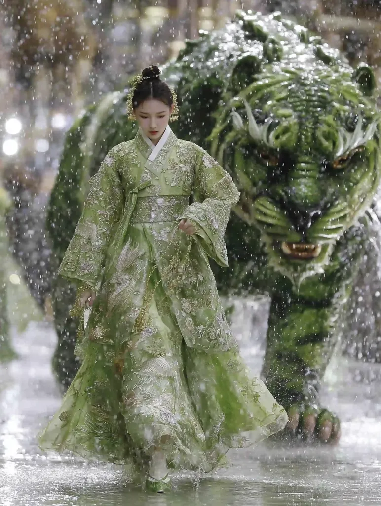 A young woman in a flowing, pale green Hanbok walks through a rain-soaked setting.  The intricate embroidery on her traditional Korean dress is beautifully detailed.  Behind her, a large, moss-green tiger statue looms, its presence adding a mystical element to the scene. Rain falls around them, creating a dramatic and ethereal atmosphere.