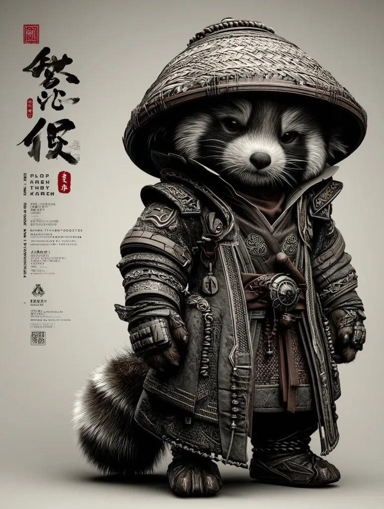 A stylized red panda is depicted wearing elaborate, dark-colored samurai-inspired armor and a wide-brimmed hat.  The creature's expression is serious and intense.  The artwork features detailed textures and a monochromatic color palette, creating a dramatic and visually striking image.  Asian-inspired calligraphy is visible in the background.  The overall style suggests a blend of fantasy and historical influences.