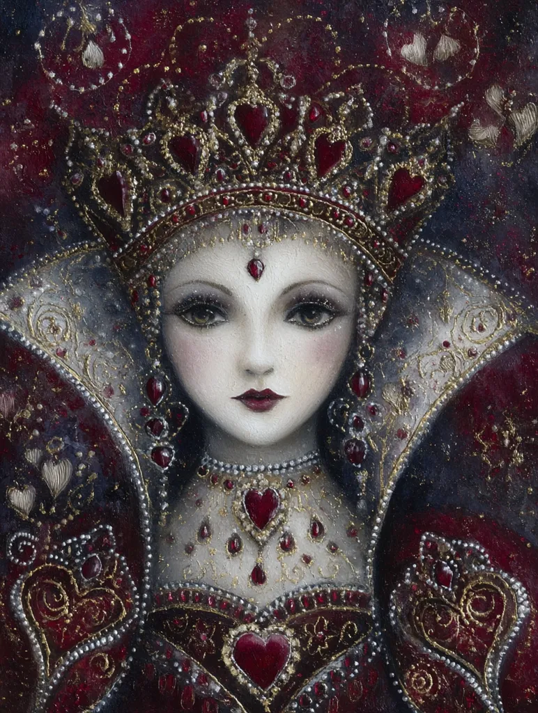 A portrait of a regal woman, possibly a queen, adorned in a lavish crimson and gold gown.  Her elaborate crown is studded with rubies and pearls, echoing the heart motifs throughout her attire.  The artist's style is detailed and evocative, creating a dark, romantic, and slightly gothic atmosphere.  Her expression is serene yet commanding, exuding an air of mysterious majesty.