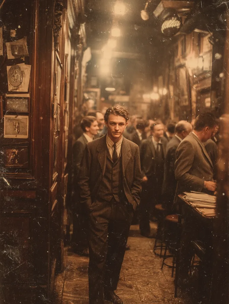 A young man in a brown pinstripe suit and waistcoat stands in a dimly lit, antique-filled hallway.  He is surrounded by a blurred crowd of men in period attire. The atmosphere is dark and moody, evoking a vintage, possibly 1920s, setting. The walls are lined with wooden panels and framed pictures, adding to the old-world charm.  The overall image has a vintage filter applied, enhancing its nostalgic feel.