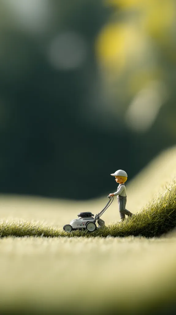A miniature figure of a person in overalls and a hat operates a tiny lawnmower on a patch of vibrant green grass. The background is blurred, suggesting a serene outdoor setting. The image evokes a sense of whimsy and scale, contrasting the small figure with the expansive lawn.  The scene is idyllic and peaceful.