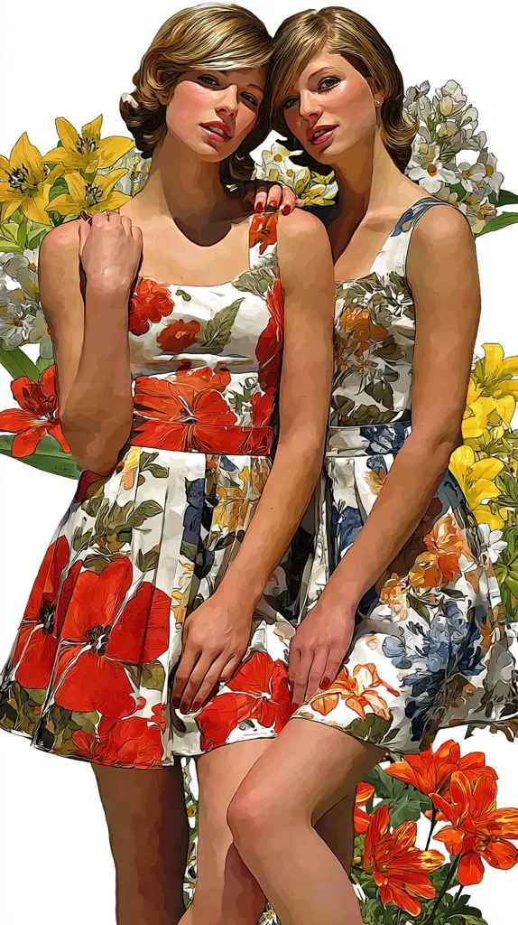 Twin sisters, close together, wear identical white floral dresses with red poppies.  Their blonde hair is styled similarly.  They are surrounded by vibrant yellow and orange flowers, creating a colorful and lively scene.  The image has a painterly, almost hyperrealistic quality.  The sisters' poses are intimate and affectionate, emphasizing their bond.