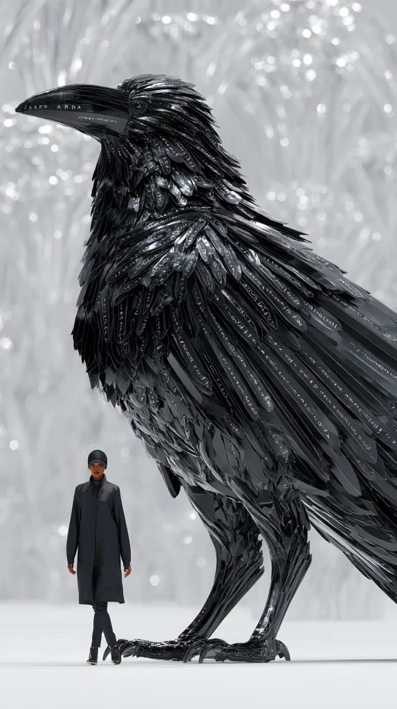 A large, intricately detailed raven sculpture, crafted from numerous black, feather-like components, dominates the foreground.  A small figure in a dark coat stands before it, dwarfed by the imposing bird. The background is a blurred, out-of-focus winter scene with a white, snowy or icy texture. The contrast between the sculpture's scale and the human figure highlights the raven's immense size and presence.
