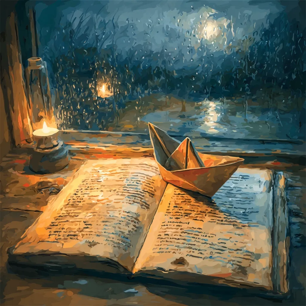 A tranquil scene unfolds: an open book rests on a wooden surface, illuminated by a nearby oil lamp.  A paper boat sits atop the book's pages.  A rain-streaked window reveals a moonlit, nighttime landscape reflecting the calm of the scene. The warm glow of the lamp contrasts with the cool tones of the rainy night outside. The overall mood is one of peaceful contemplation and quiet solitude.