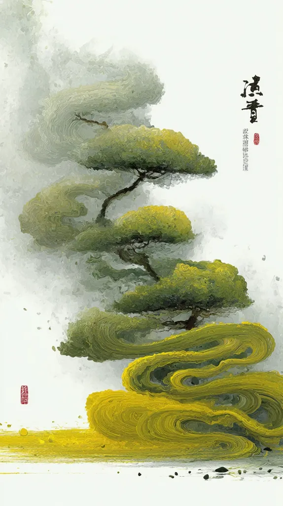 A stylized painting depicts a pine tree in a misty landscape.  The tree's branches and foliage are rendered with swirling, textured strokes of green and yellow, suggesting movement and depth. The base of the tree is enveloped in a dynamic wave of yellow, contrasting with the muted greys of the background.  Chinese calligraphy is subtly incorporated, enhancing the artwork's Eastern aesthetic.  The overall impression is one of serene power and natural beauty.