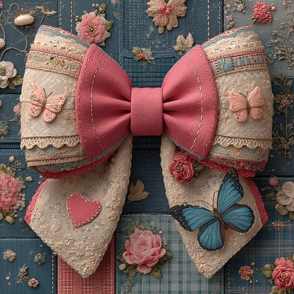 A large, intricately designed pink bow is the centerpiece of this image.  The bow is adorned with lace, embroidered details, and small fabric butterflies. It rests on a background of textured, patchwork squares featuring floral motifs and muted colors, creating a vintage, romantic aesthetic.  The overall style is reminiscent of antique fabric arts and crafts.