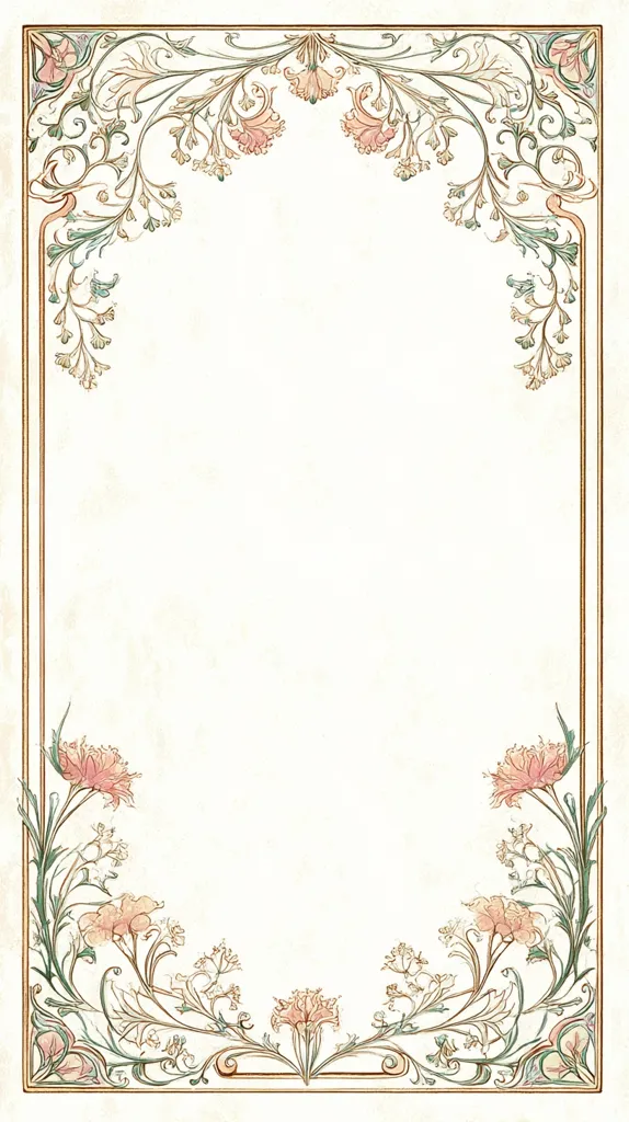 An elegant, vintage-style frame features a delicate floral design.  Pale pink and cream flowers, rendered in a soft, Art Nouveau style, are intricately interwoven with flowing lines and swirls.  The design creates a border around a blank central space, ideal for text or an image.  The overall aesthetic is graceful and refined, suggesting a romantic or nostalgic feel.