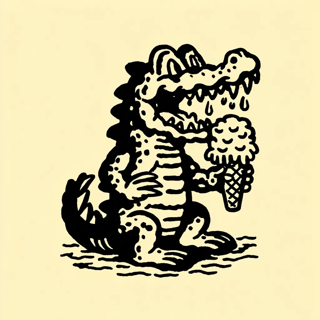 A black and white illustration depicts a cartoon crocodile happily devouring an ice cream cone.  The crocodile is depicted in a classic, almost tattoo-like style, with bold outlines and simplified shading.  Ice cream drips from its mouth, adding to the whimsical and slightly messy scene. The background is a pale yellow, contrasting with the dark figure of the reptile.