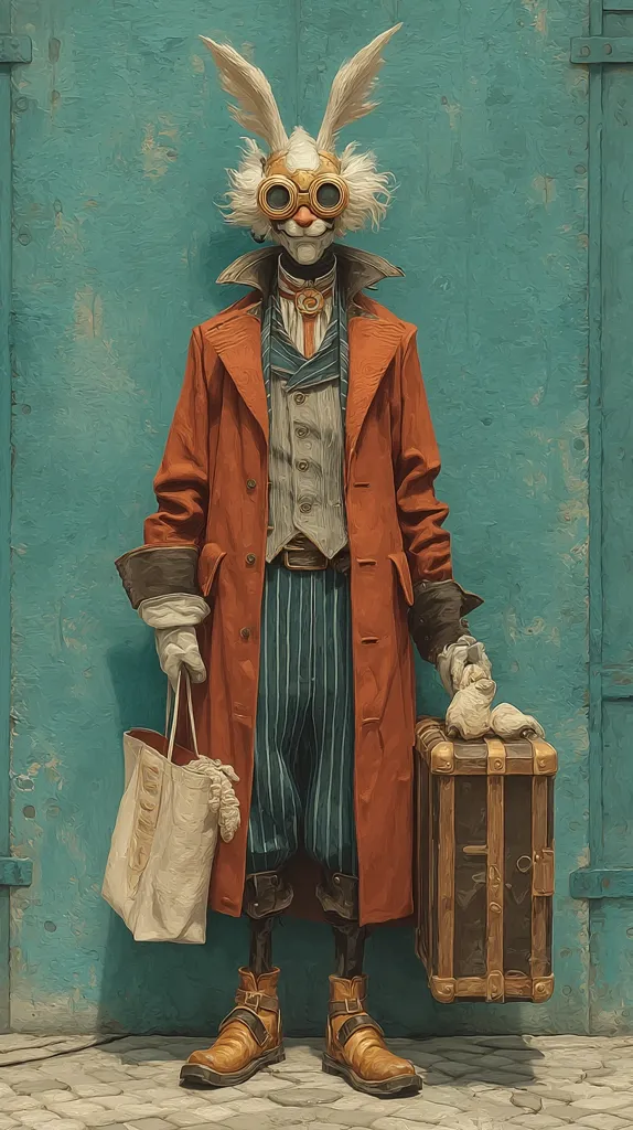 A whimsical anthropomorphic rabbit, sporting goggles and a long orange coat, stands against a teal backdrop.  The rabbit carries a shopping bag and a vintage suitcase, its attire suggesting a steampunk or Victorian aesthetic. The image is stylized with painterly brushstrokes, creating a textured and slightly surreal effect.  The overall mood is one of quiet contemplation or perhaps travel.