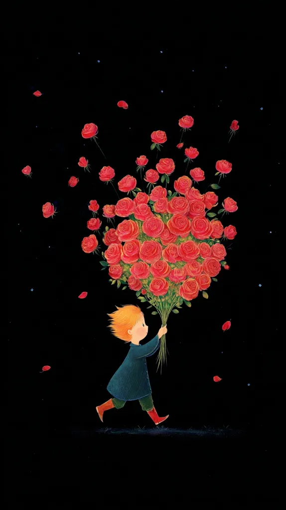 A whimsical illustration depicts a child with fiery red hair, running against a stark black background.  The child carries a large bouquet of vibrant red roses, some petals drifting away in the wind.  The scene is dreamlike, with a few scattered, faint stars adding to the magical atmosphere.  The overall mood is one of joy and wonder.