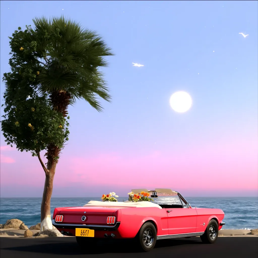 A vibrant pink Ford Mustang convertible sits parked near a palm tree by the ocean at sunset.  The car's top is down, and a small arrangement of flowers rests in the back. The scene is serene and idyllic, with a large, bright moon visible in the pastel sky.  The license plate reads "667".