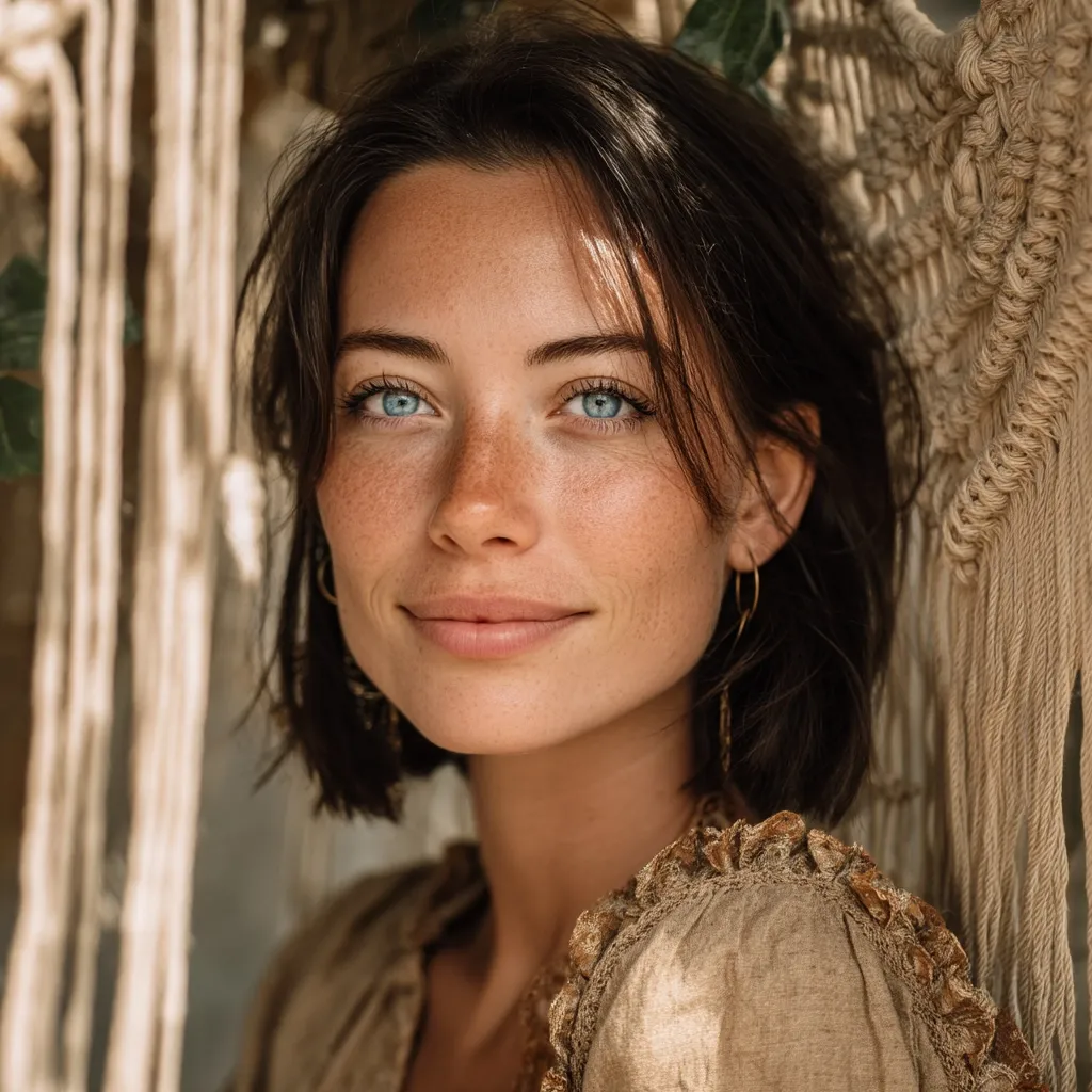 A close-up portrait of a young woman with fair skin and freckles.  She has bright blue eyes and a gentle smile. Her brunette hair is styled in a short bob.  She's wearing a light brown, ruffled top and simple gold hoop earrings. The background features a beige macrame hanging, suggesting a bohemian aesthetic. The lighting is soft and natural.