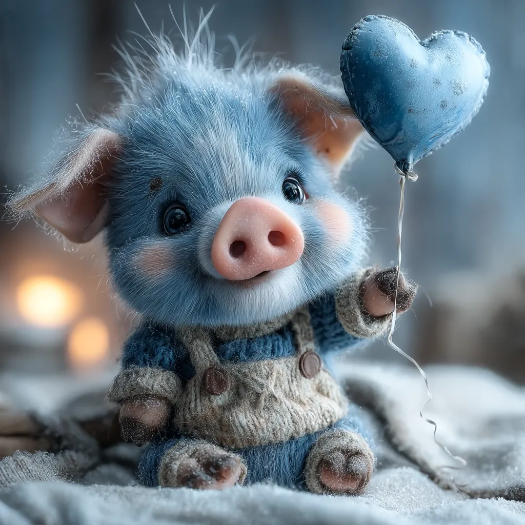 A fluffy blue piglet, dressed in a knitted outfit, sits on a snowy surface.  It holds a small blue heart-shaped balloon.  The piglet's expression is sweet and endearing, creating a charming and whimsical winter scene.  Soft lighting and a blurred background enhance the image's overall softness and warmth.