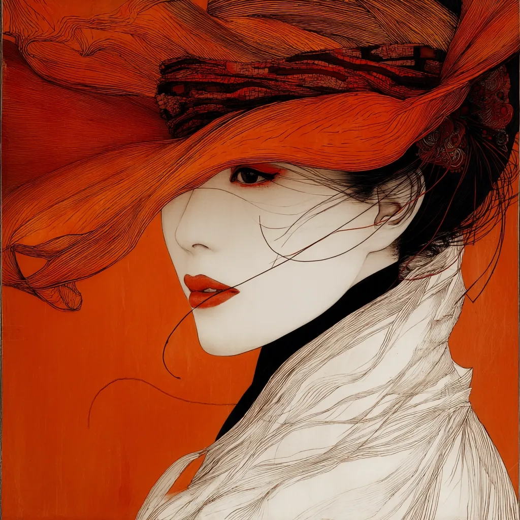 A stylized portrait of a woman, her face partially obscured by a large, flowing orange hat.  The artwork utilizes fine lines and contrasting colors of orange and off-white, creating a dramatic and elegant effect.  The woman's expression is serene, her gaze directed away from the viewer. The style suggests a blend of Art Nouveau and contemporary illustration.