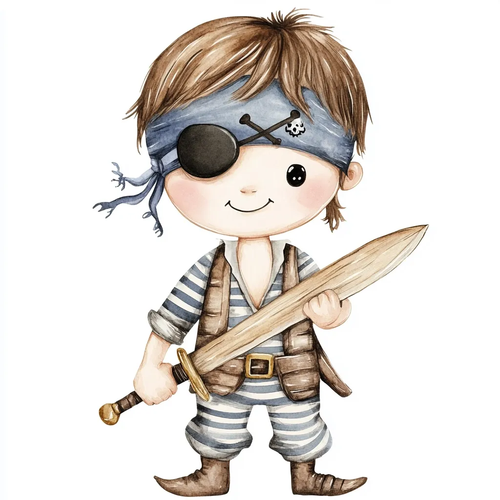 An adorable watercolor illustration depicts a young boy dressed as a pirate. He wears a blue eye patch, a striped shirt, brown vest, and boots.  His brown hair peeks out from under a blue bandana adorned with crossed bones and a skull. He confidently holds a wooden sword, his cheerful expression adding to the charming image.