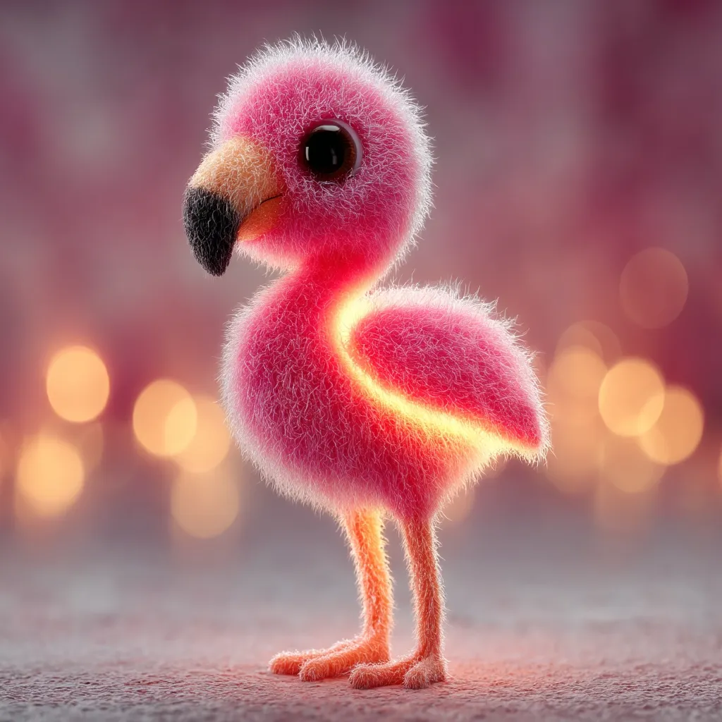 A fluffy, pink flamingo chick stands on a textured surface.  Its body glows with an inner light, creating a warm ambiance against a blurred background of golden bokeh. The adorable creature has large, expressive eyes, and its soft fur is meticulously detailed. The overall image is whimsical and charming, evoking feelings of warmth and comfort.