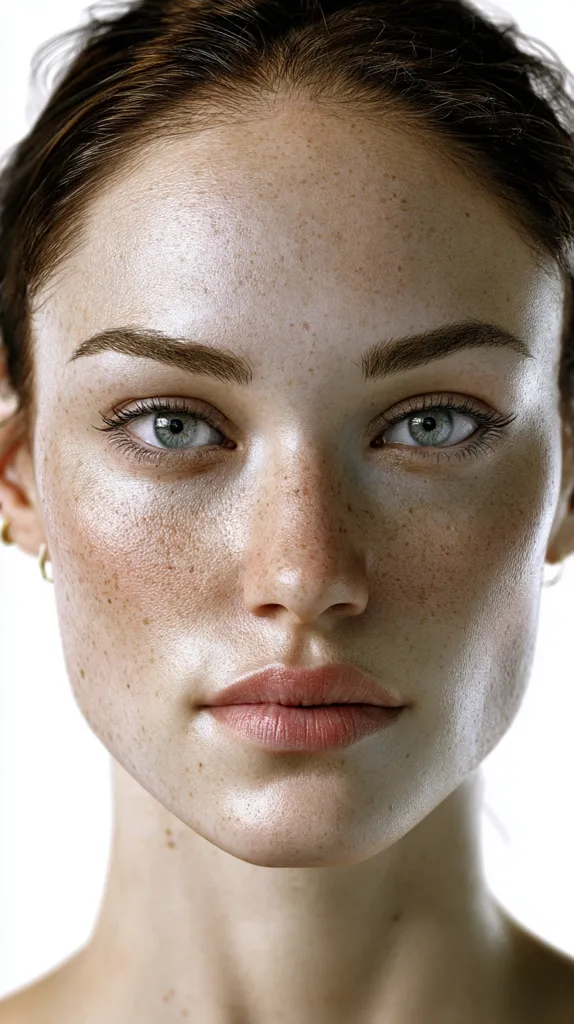 Close-up portrait of a young woman with light skin and freckles.  Her eyes are a light gray-blue, and her expression is serious and direct.  Her hair is pulled back from her face, revealing a clear complexion with subtle makeup. The lighting is soft and even, highlighting the texture of her skin.