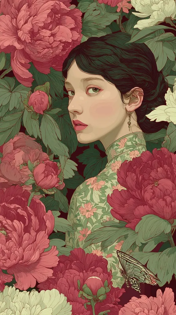 A young woman with dark hair, wearing a floral patterned qipao, is surrounded by lush peonies.  Her expression is serene, her gaze directed slightly away. The artwork is detailed, with rich colors and intricate rendering of both the woman and the flowers, creating a sense of elegance and tranquility. A butterfly adds a delicate touch to the composition.