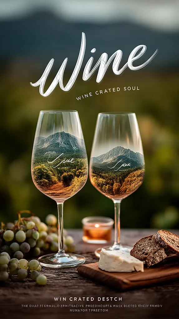 Two wine glasses, filled with a landscape-reflecting liquid, sit on a rustic wooden table.  A bunch of grapes, cheese, and bread are nearby, suggesting a wine tasting setting. The background is blurred but shows a natural, vineyard-like scene.  The words "Wine" and "Wine Created Soul" are stylishly written above, setting a sophisticated and inviting mood.