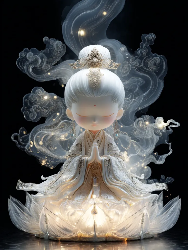 A serene figurine of a young woman, possibly a deity, is depicted in a meditative pose.  She's adorned in flowing, ornate white robes and a jeweled headdress, seated upon a luminous lotus flower.  Surrounding her are ethereal, glowing wisps of smoke, creating a mystical and peaceful atmosphere. The overall style is delicate and elegant, suggesting a blend of Asian artistic influences.