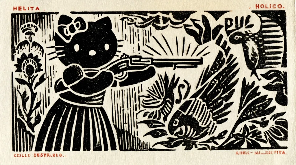 A black and white linocut print depicts Hello Kitty, dressed in a dress, aiming a rifle at a bird in flight.  Stylized flora and fauna surround the scene in a bold, graphic style reminiscent of Mexican folk art. The image is framed by a border with the artist's markings visible.  The overall aesthetic is stark and powerful.