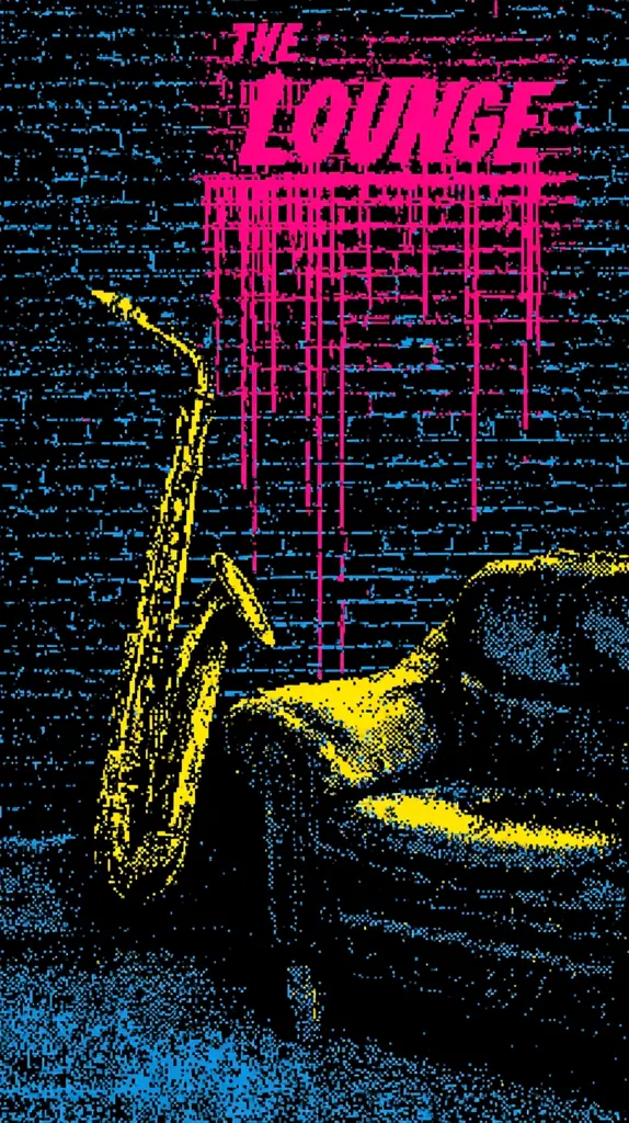 A vibrant, pixelated artwork depicts "The Lounge" in stylized pink lettering against a dark brick wall.  Dripping paint effects enhance the graffiti aesthetic. A yellow saxophone rests in the foreground, partially obscured by a shadowy, yellow-outlined figure, possibly a chair or sofa.  The image is bold, graphic, and suggestive of a retro or 8-bit style.