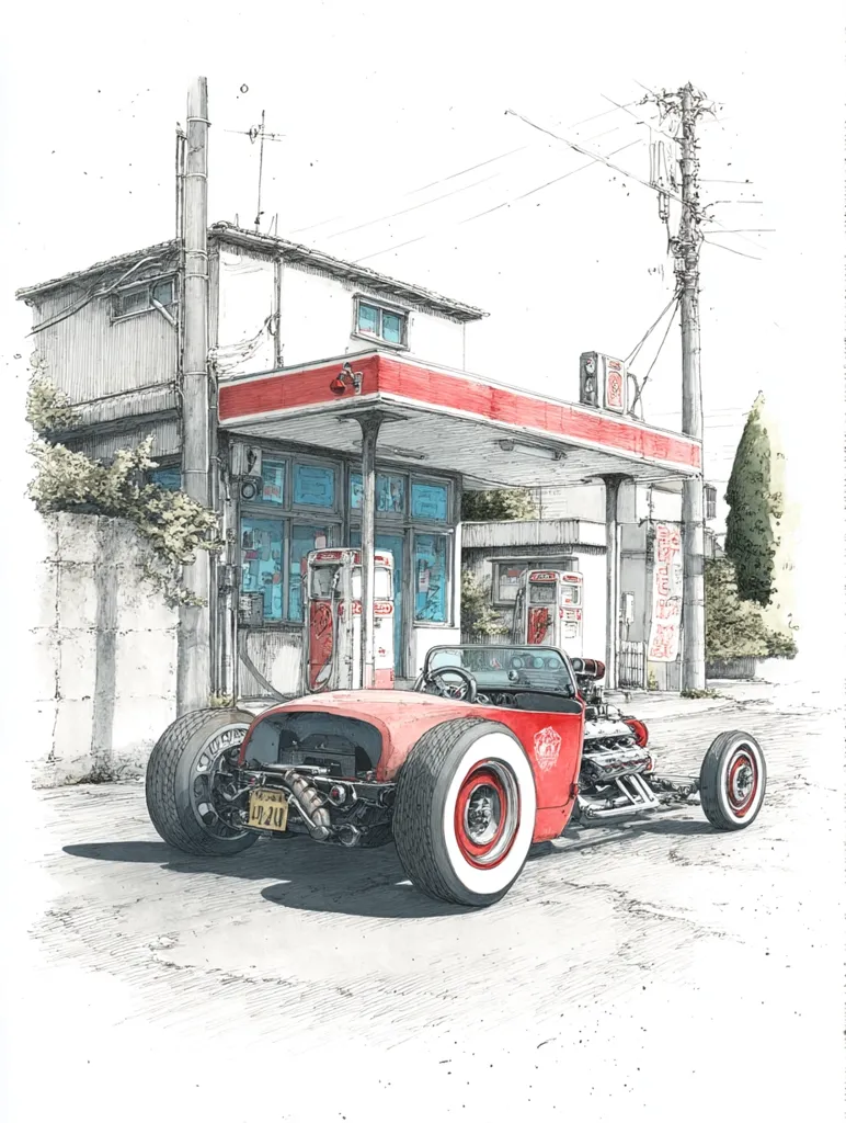 A red hot rod sits parked in front of a vintage gas station, depicted in a detailed pen and ink illustration.  The scene is set in what appears to be a Japanese town, with traditional architecture and power lines visible. The car is meticulously drawn, showcasing its exposed engine and classic design. The gas station's faded paint and old-fashioned pumps contribute to the nostalgic atmosphere. The overall style is realistic with a touch of artistic flair.