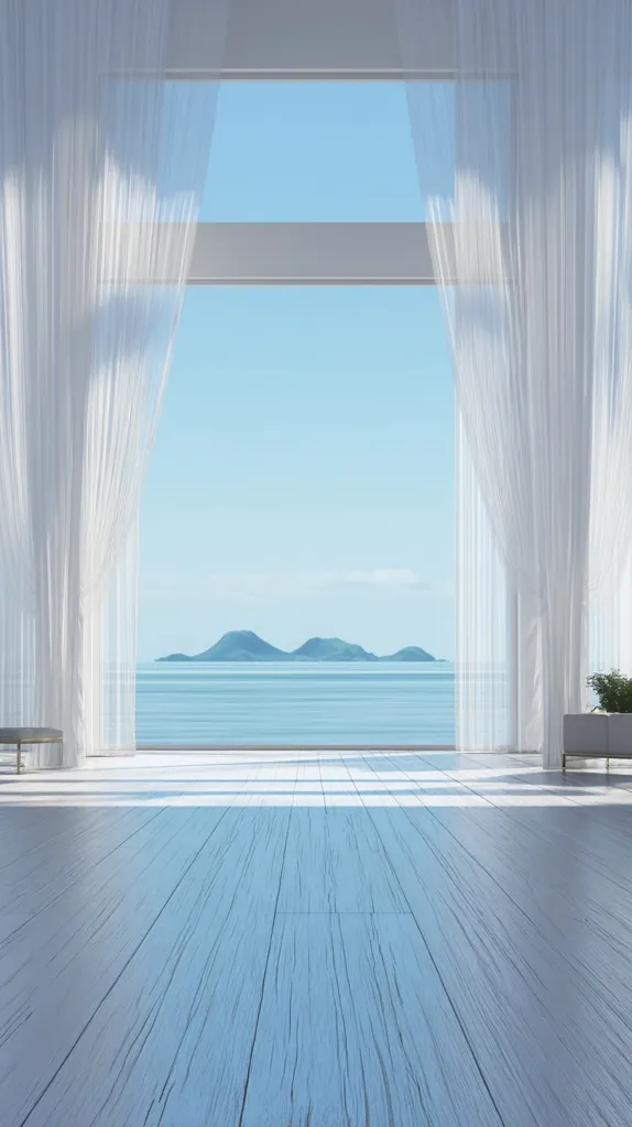 A minimalist room features sheer white curtains framing a large window with an ocean view.  Islands are visible on the horizon under a clear sky. Light blue washed wood flooring complements the bright, airy atmosphere.  A small portion of light-colored furniture is visible near the edges of the frame, suggesting a serene and tranquil coastal setting.