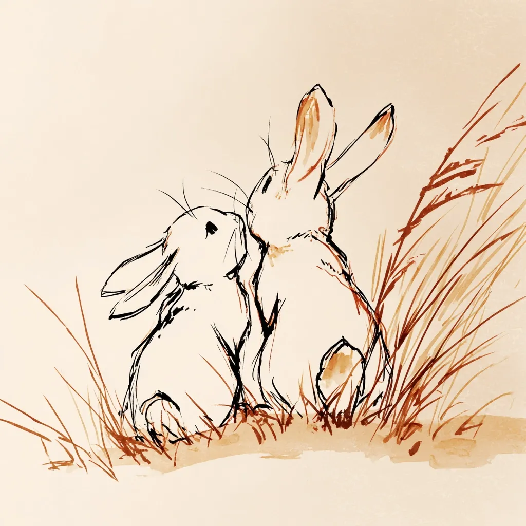 A delicate watercolor and ink illustration depicts two rabbits nestled together amidst tall grasses.  The rabbits are drawn in a whimsical, slightly sketchy style with thin lines, suggesting a gentle, loving interaction. The warm sepia tones of the background and grasses complement the simple elegance of the rabbits. The overall mood is peaceful and serene.
